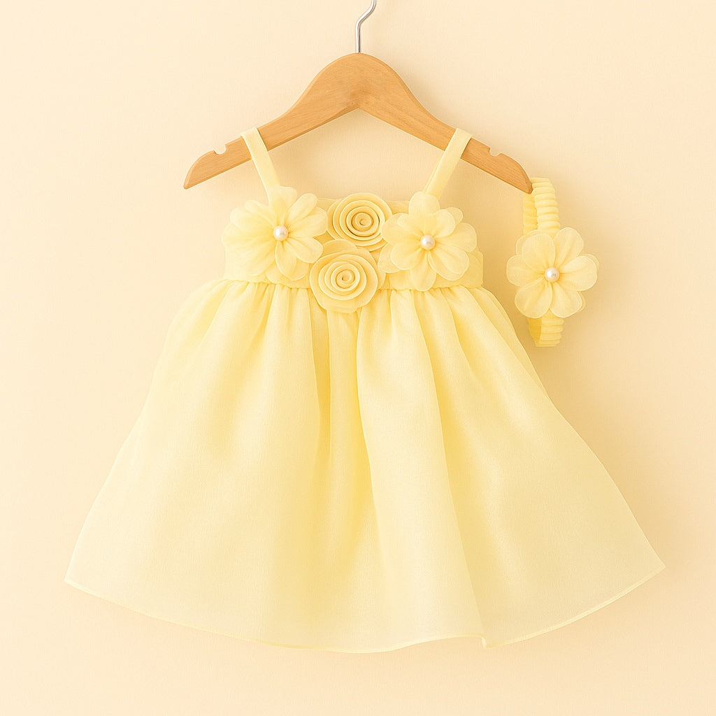 Yellow Organza Dress for Girls with Floral Detailing - Mamadada