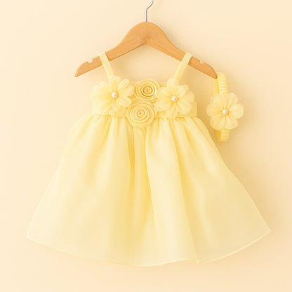 Yellow Organza Dress for Girls with Floral Detailing - Mamadada
