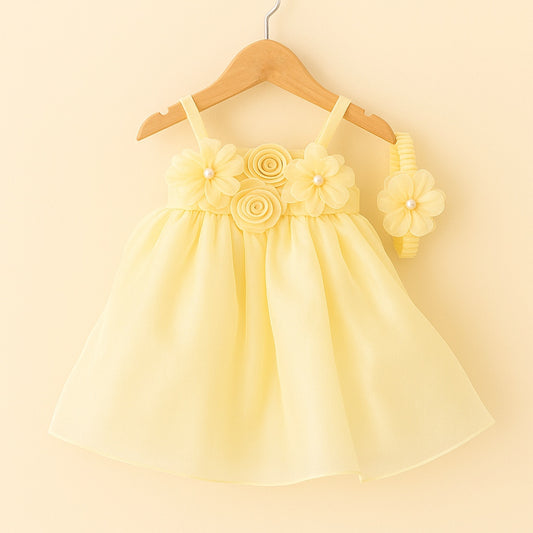 Yellow Organza Dress for Girls with Floral Detailing - Mamadada