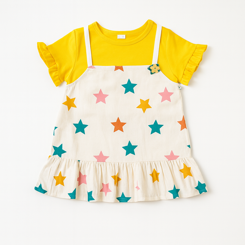 Yellow Star Printed Pinafore Set for Girls - Mamadada