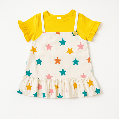 Yellow Star Printed Pinafore Set for Girls - Mamadada